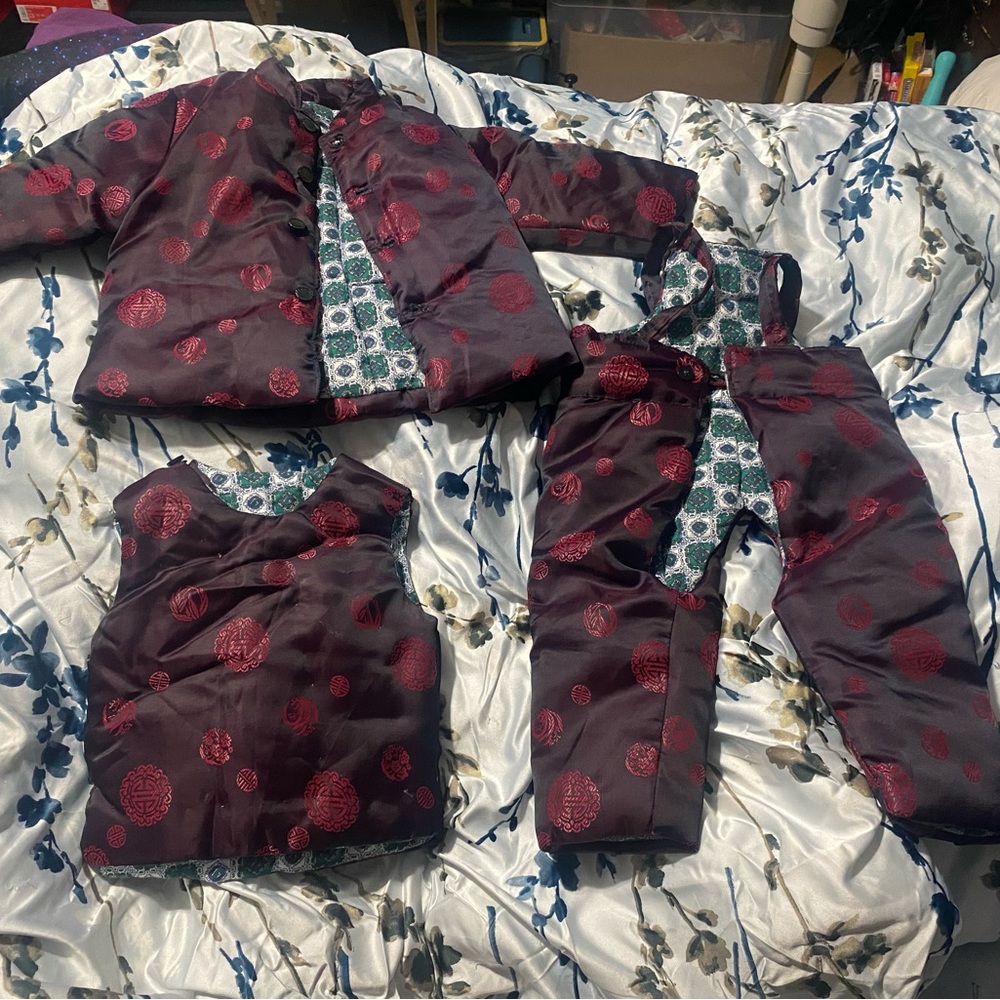 Traditional Chinese Tang Reversible Elegant Burgundy and Teal Baby Outfit Set